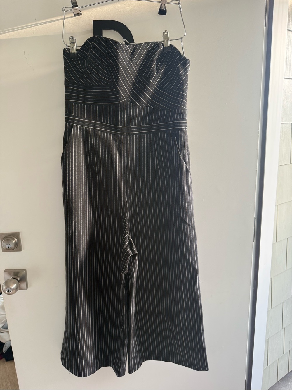 Greylin Black Pinstripe Strapless Wide-Leg Jumpsuit
